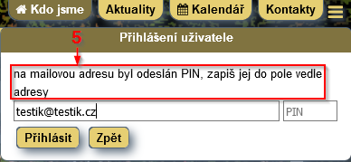 Hláška že PIN byl odeslán na mail.