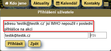 Hláška o zadání chybného e-mailu.